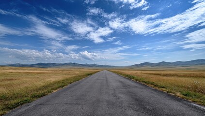 Fototapeta premium Open road stretching through vast golden plains under a dramatic blue sky