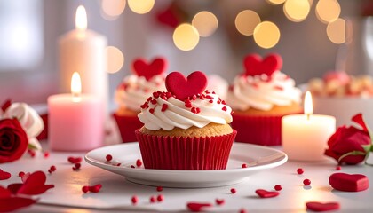 Romantic close-up of heart-topped cupcakes on a plate with lit candles and rose accents for a celebration