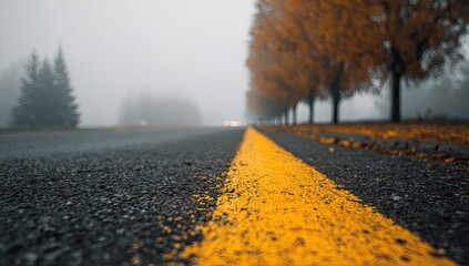 An asphalt road with a bright yellow line stretches into a misty, autumnal landscape