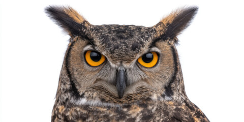 Obraz premium Wise nature beak owl portrait bird animal wildlife symbolism culture amerindian totem heritage tribal feathered head eye watching alert peaceful isolated studio shot white background art design