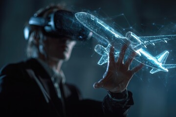 Person in VR headset interacts with glowing 3D holographic airplane model