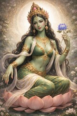 Fototapeta premium Green Tara Goddess of Compassion and Protection on Sacred Lotus