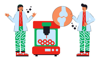 Naklejka premium Flat vector illustration of 4D bioprinting technology creating stimuli-responsive cartilage implants