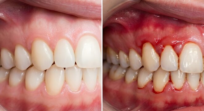 Side-by-side view highlighting the contrast between healthy, pink gums and inflamed, red, bleeding gums, demonstrating symptoms of periodontal disease and poor oral hygiene