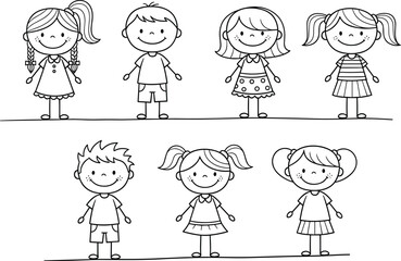 Cute cartoon children characters set in black and white outline style for kids illustration, education, coloring book, and playful design