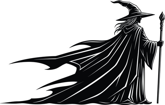 Dark wizard silhouette holding staff, black and white fantasy vector illustration of mysterious sorcerer character with flowing cloak and magic theme design