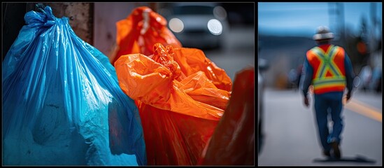 Colorful refuse bags sit roadside next to a person in a safety vest