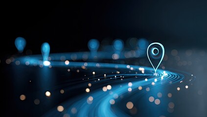 Glowing blue path with location markers and bokeh dots