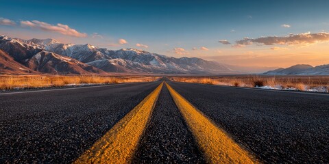 Empty asphalt road leading to snow-capped mountains at sunset
