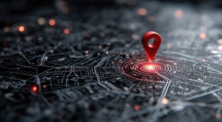 3D digital map with glowing red location pin and illuminated city grid