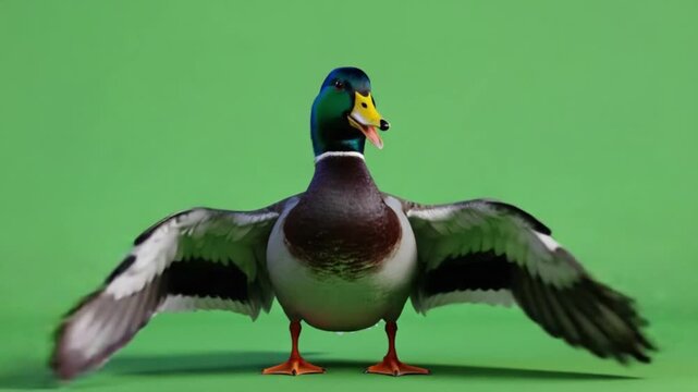 Realistic mallard duck standing and flapping its wings on a green screen, isolated front view for motion graphics