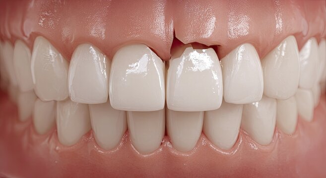 Close-up of human teeth showing two damaged incisors with chipped enamel