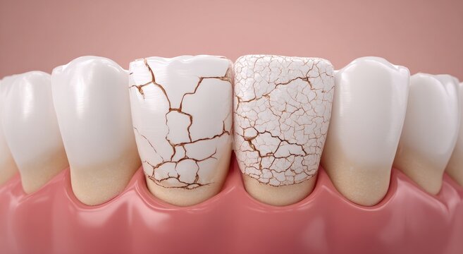 Close-up, cracked teeth showing decay and enamel damage