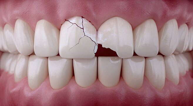 Extreme close-up of a cracked and broken front tooth among healthy teeth