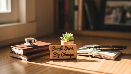 Desk Workspace with Books Plant Inspirational Sign and Writing Tools in Natural Light