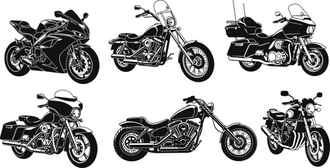 Motorcycle Silhouette Collection, Sport Bike, Chopper, Cruiser, and Touring Motorbikes, Transportation, Speed, and Biker Culture Icon, Isolated Vector Design © MdMojibar