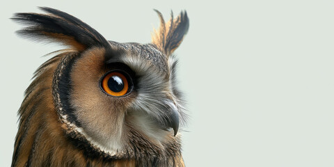 Alert white nature owl animal bird wildlife portrait animal portrait background white background studio shot isolated sitting watching eye head beak feather brown black peaceful natural light