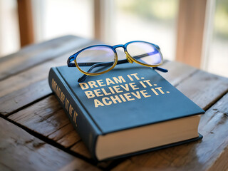 Inspirational Self-Help Book with Glasses on Wooden Table in Natural Light - Motivation and Success in a Home Office Setting