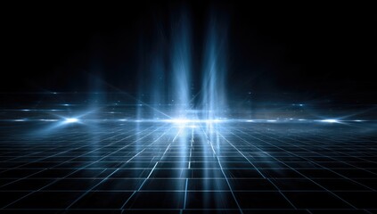Futuristic grid with glowing blue energy beams rising into darkness