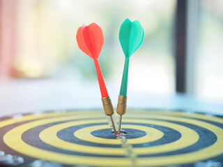 Close-Up of Red and Green Darts Hitting Bullseye on Dartboard - Precision and Accuracy in Competitive Indoor Game