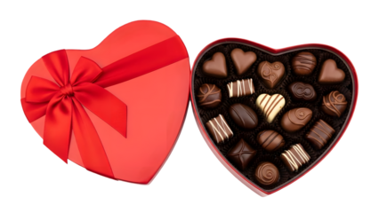 Open heart shaped box of assorted chocolates on transparent background for valentines day gift