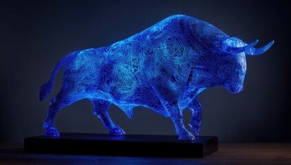 Glowing translucent bull sculpture with intricate patterns and blue light