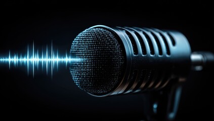 Vintage microphone capturing a vibrant blue sound wave against a dark backdrop