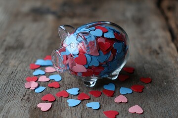 A clear piggy bank filled with red, pink, and blue paper hearts