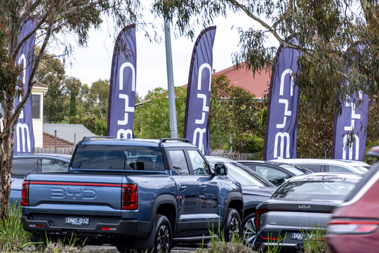 BYD logo on branded flags at an outdoor car dealership with a lineup of parked BYD electric vehicles in suburban Australia. BYD is a major Chinese multinational automaker known for electric vehicles