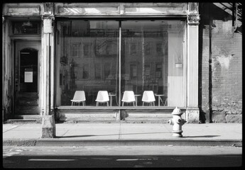 White chairs in a sunlit storefront window reflect buildings across the street