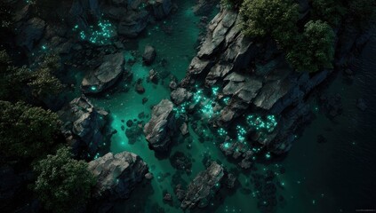 Aerial view of luminous turquoise water flowing between rocky formations and lush green foliage