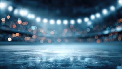 Illuminated stadium interior with ice rink and blurred spectators in background