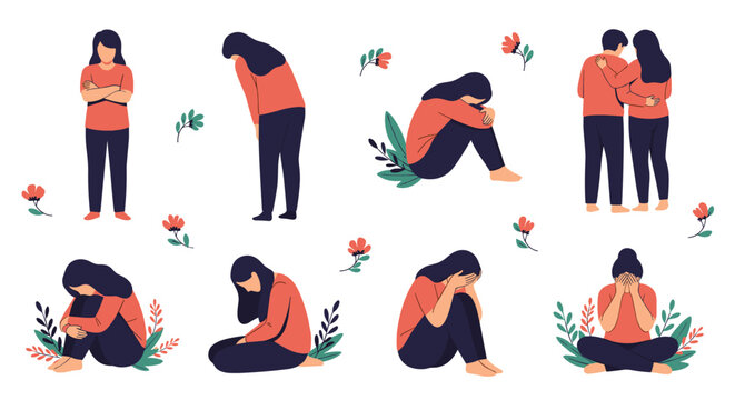 A collection of illustrations showing a woman in various poses of sadness, depression, and loneliness, ending with a supportive hug. This vector set represents mental health awareness and support.