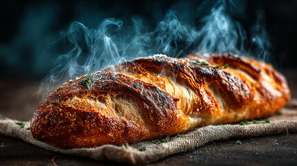 Freshly baked bread with a golden crust and steam rising, on a cloth surface.