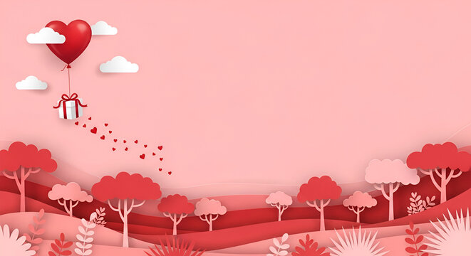 Happy Valentine's Day greeting with red heart hot air balloons and white 3D clouds on pink background - Powered by Adobe