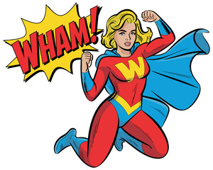 A blonde woman in a superhero costume with a cape poses dynamically with a comic book style "WHAM!" sound effect.