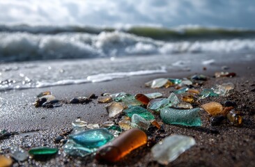 Colorful tumbled sea glass fragments rest on a sandy shore with ocean waves