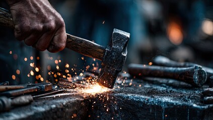 A blacksmith's hammer strikes hot metal, showering sparks on a dark forge