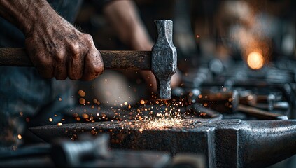 Blacksmith's hammer strikes glowing metal on an anvil, sparks fly