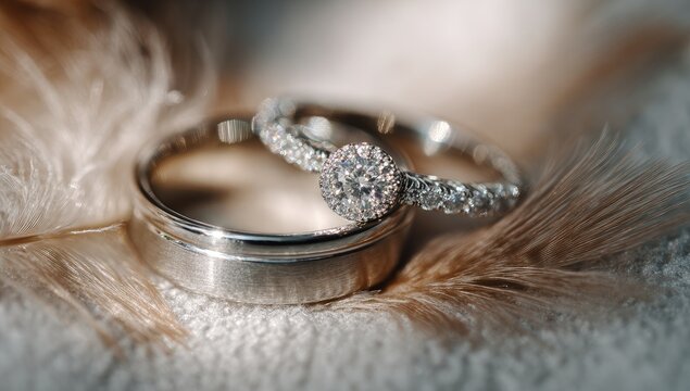 Two elegant rings, one diamond-encrusted, rest on soft, fluffy feathers