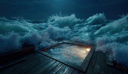 Illuminated hot tub on wooden deck, amidst a stormy, moonlit ocean