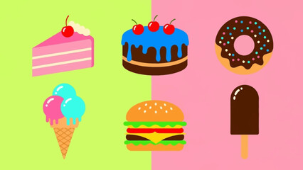 Collection of various sweet desserts and savory snacks arranged in a grid on a pastel background