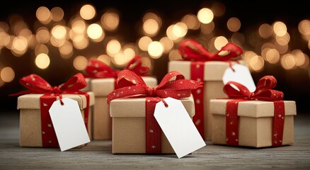 Festive holiday gifts adorned with red ribbon and blank tags