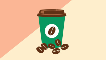 A vibrant illustration of a teal coffee cup with a white coffee bean symbol and scattered coffee beans against a pastel background