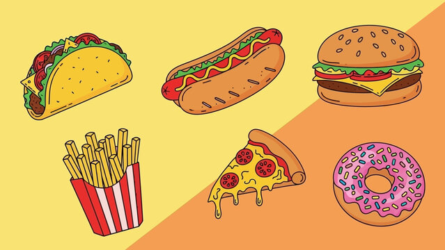 A vibrant and playful illustration featuring a delicious assortment of fast food items like tacos, hot dogs, burgers, fries, pizza, and donuts - Powered by Adobe