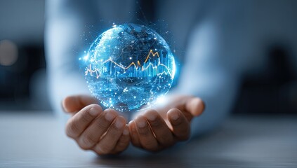 A digital globe with financial charts glows, held in cupped hands