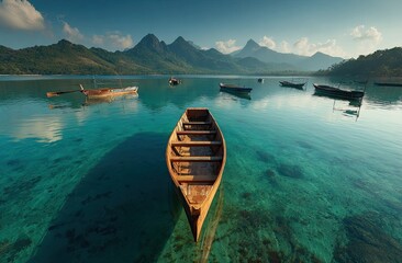 Idyllic tropical lagoon with wooden boats and distant mountains under a clear sky