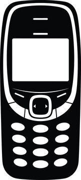 a minimalist illustration depicts a classic black mobile phone with a simple rectangular shape and a navigational button showcasing retro technology