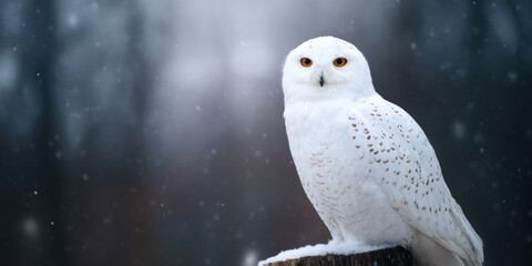 Snowy owl bird prey log perched snowy white owl wildlife animal winter snow forest nature wild animal sitting watching alert eye head beak feather branch wood natural light outdoors habitat