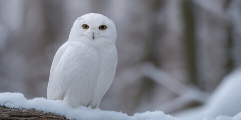 Snowy white owl wildlife animal bird prey log perched winter snow forest nature wild animal sitting watching alert eye head beak feather branch wood natural light outdoors habitat portrait animal